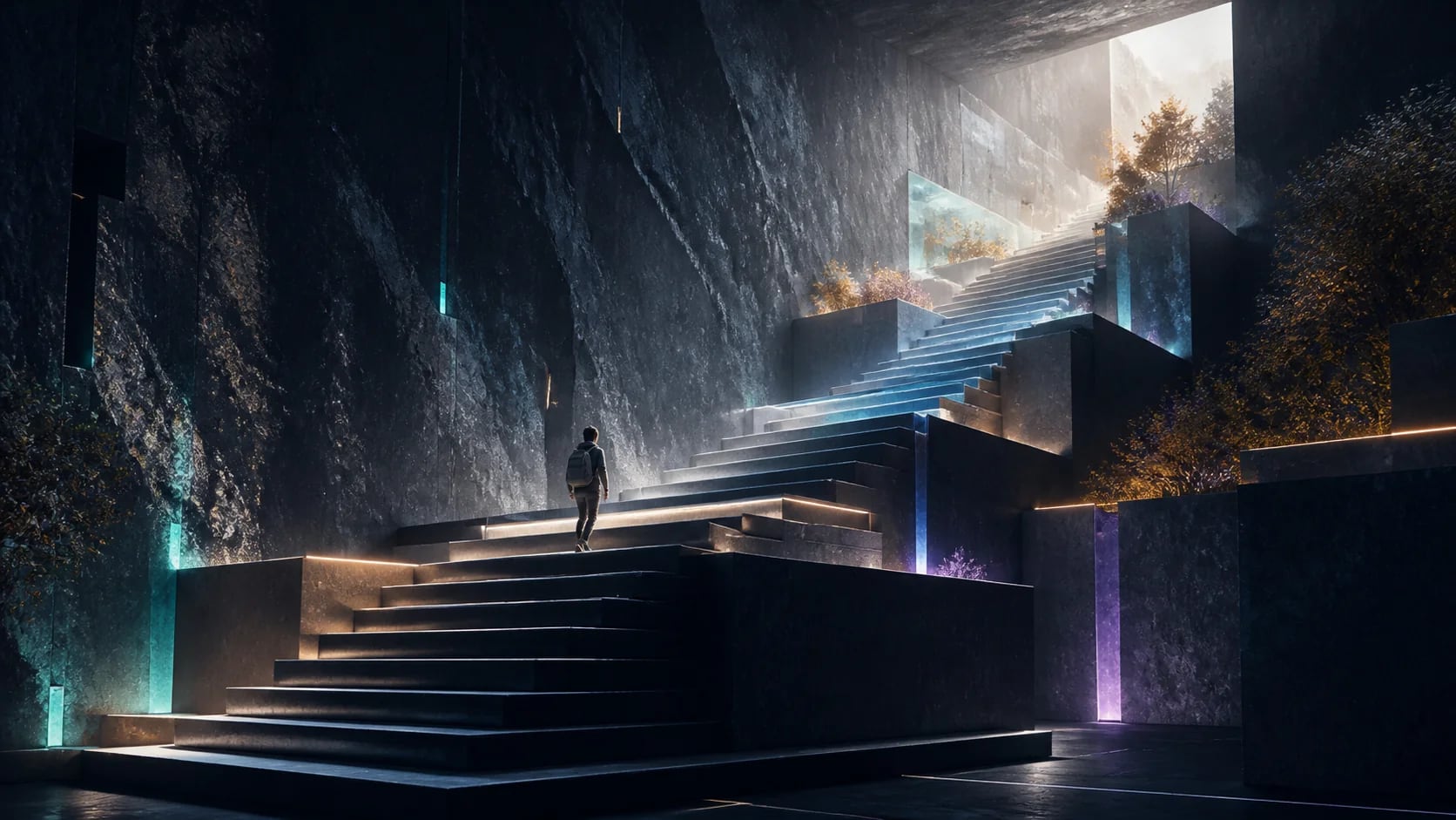 A learner ascending an illuminated architectural staircase that represents clear learning milestones.